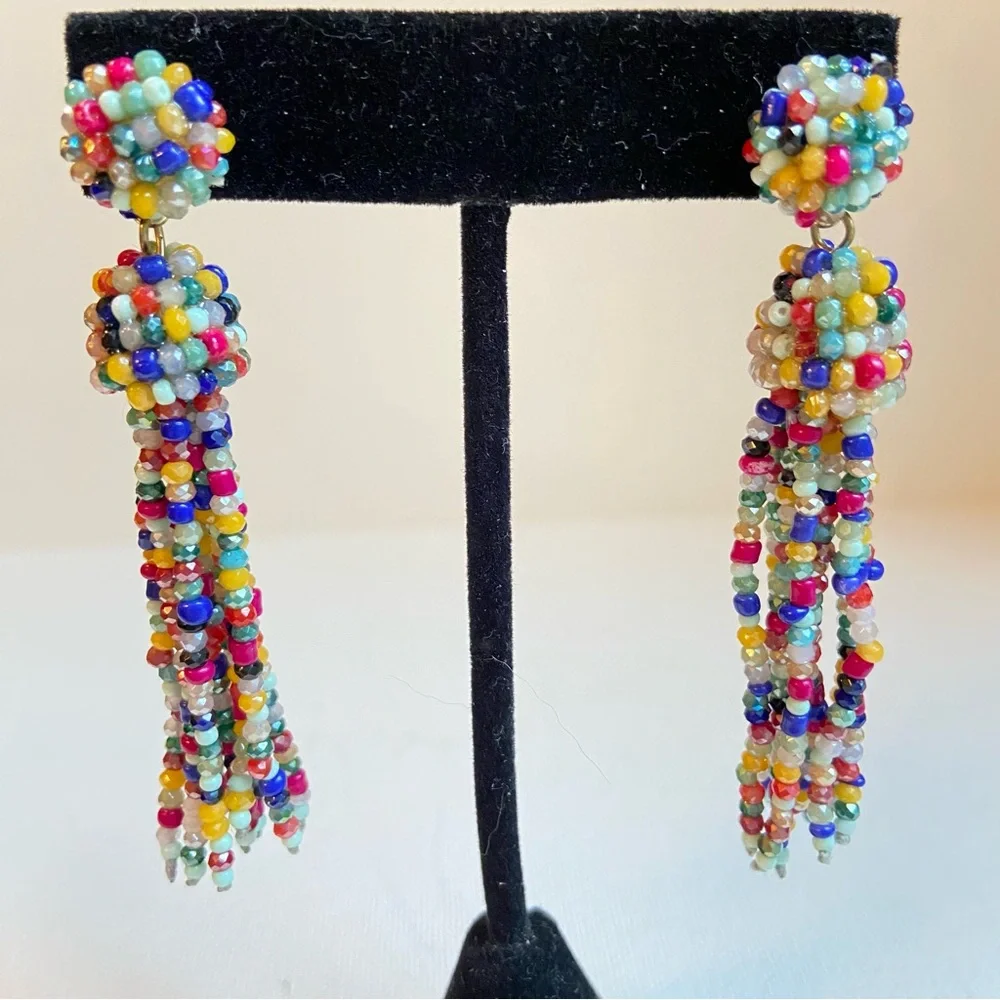 Seed bead tassel earrings pierced post and dangle sparkly and multi color
